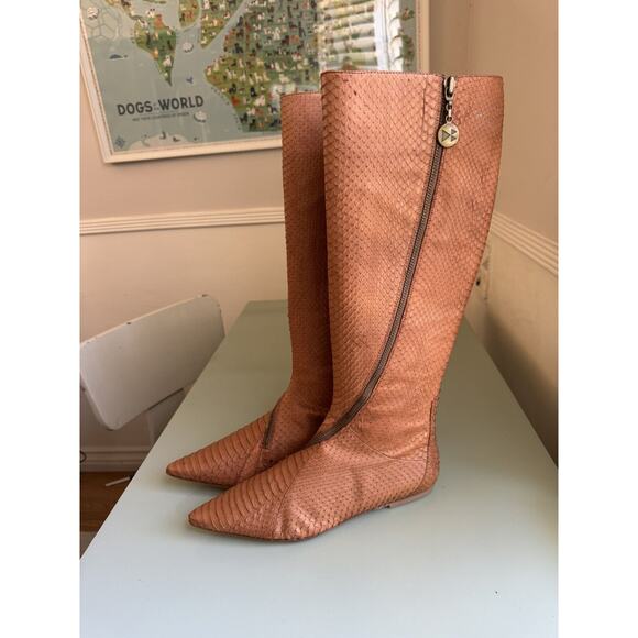 Dani Black Textured Snakeskin Python Zipper Brown Leather Tall Boots Sz 7.5 M - Picture 4 of 11